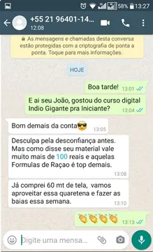 Print de mensagem de aluno sobre curso digital Índio Gigante